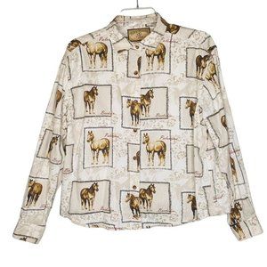 Bit & Bridle Western Horse Button Down Shirt Sz L Equestrian Blouse Tan Palomino